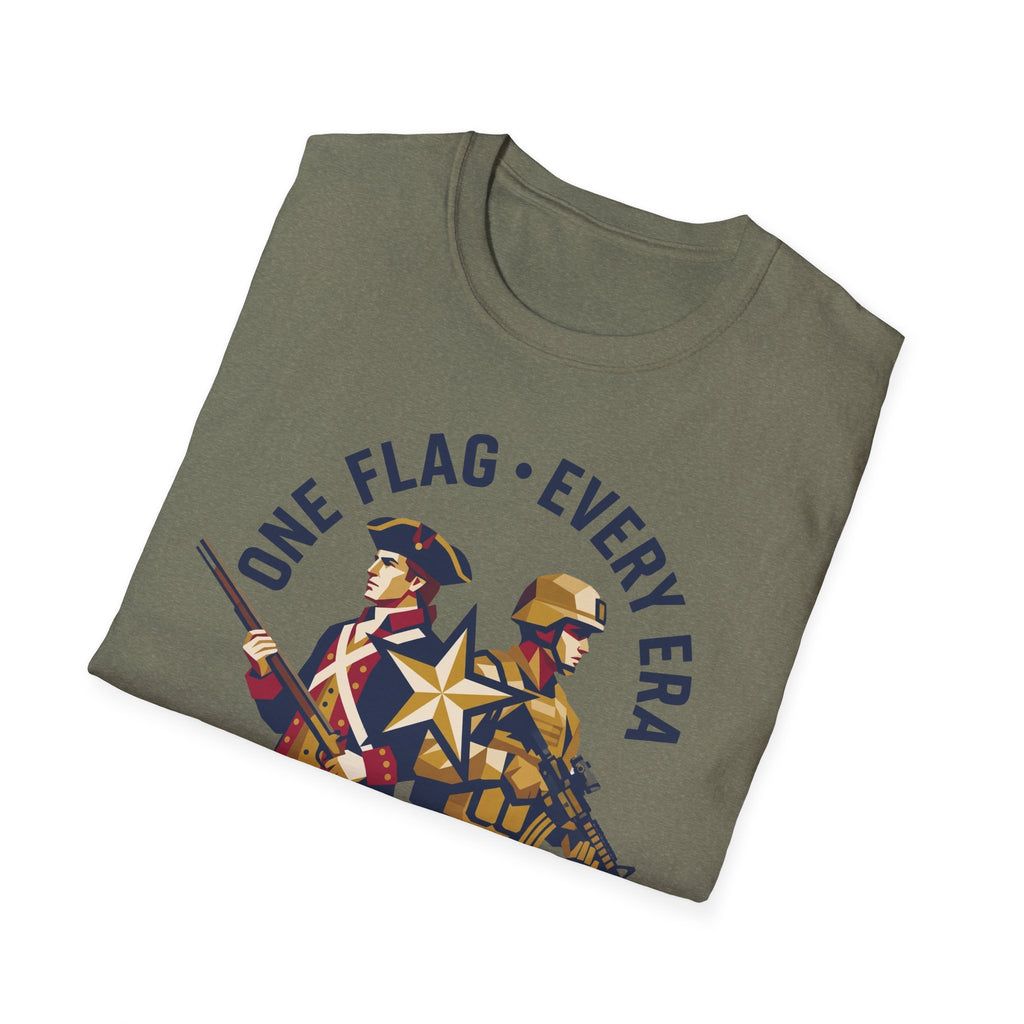 Olive crew-neck t-shirt with “ONE FLAG EVERY ERA” patriotic soldier graphic