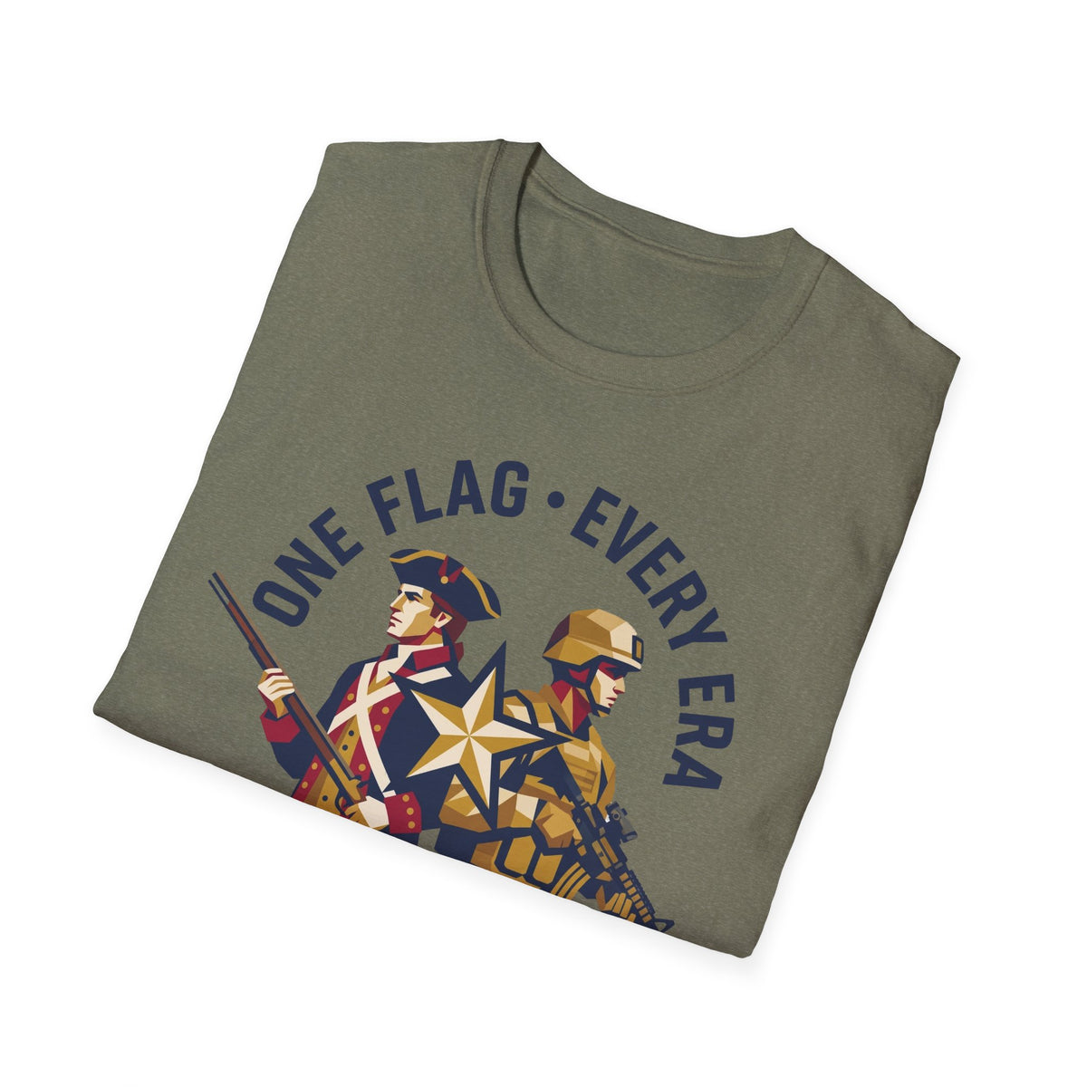 Olive crew-neck t-shirt with “ONE FLAG EVERY ERA” patriotic soldier graphic