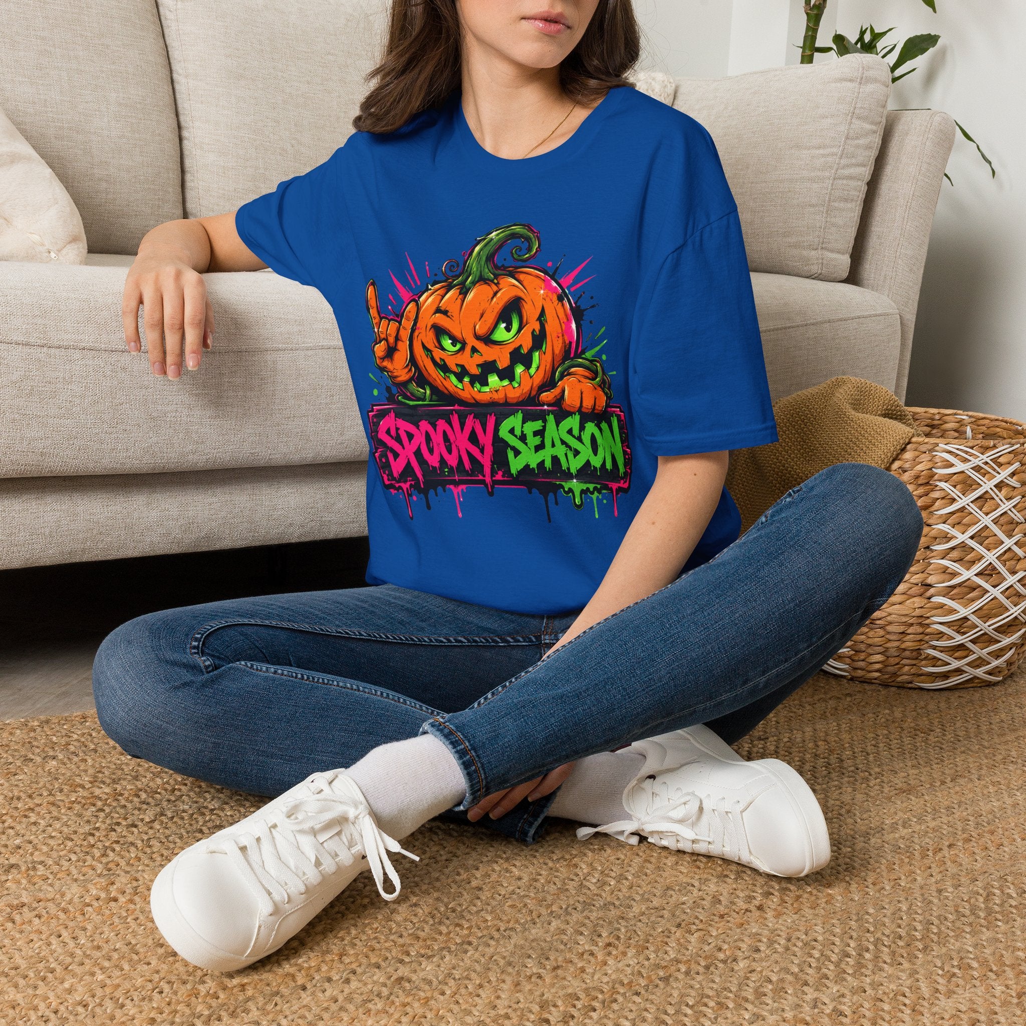 Royal blue pumpkin jack-o-lantern graphic T-shirt with Spooky Season text