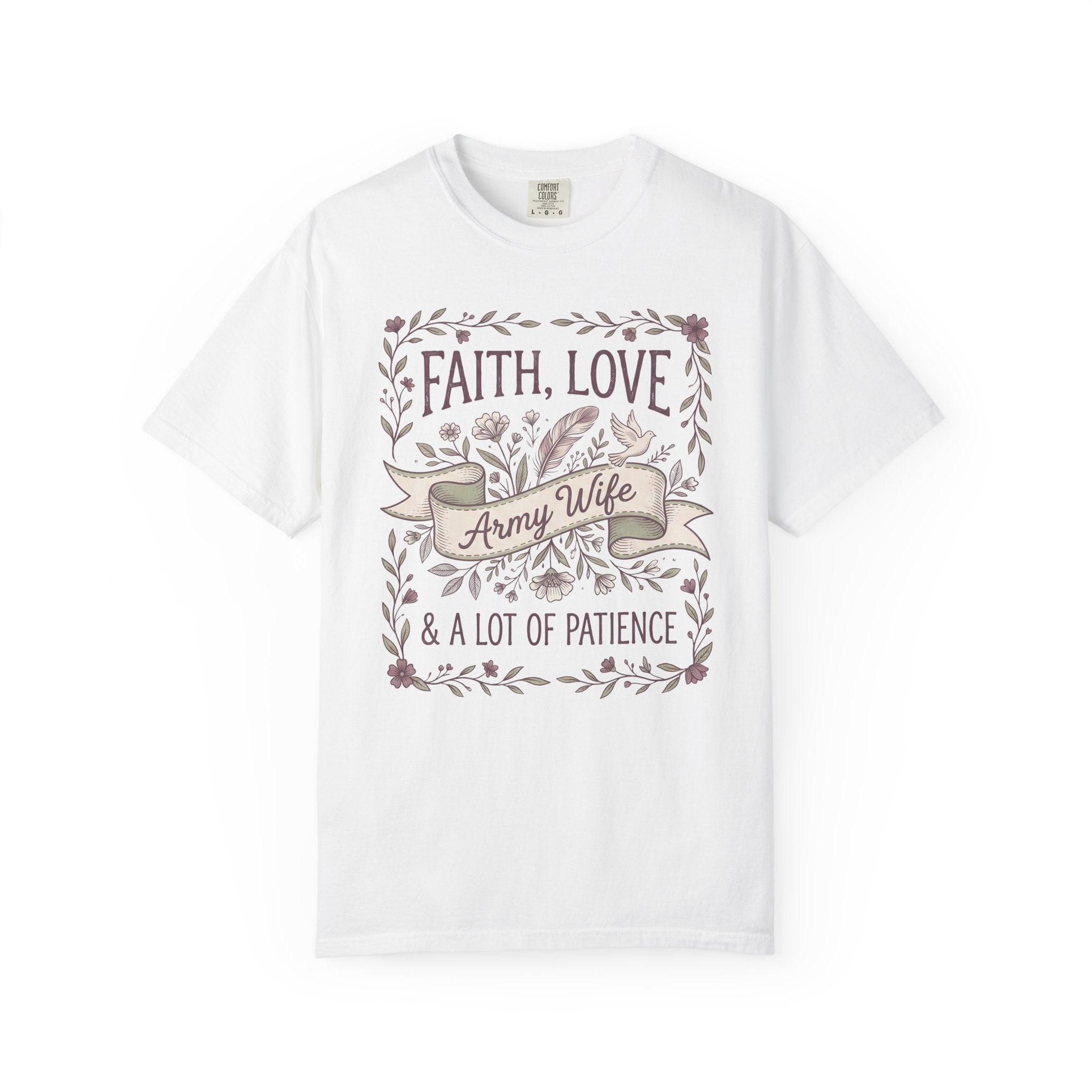 White crewneck T-shirt with floral "Faith Love & A Lot of Patience" print