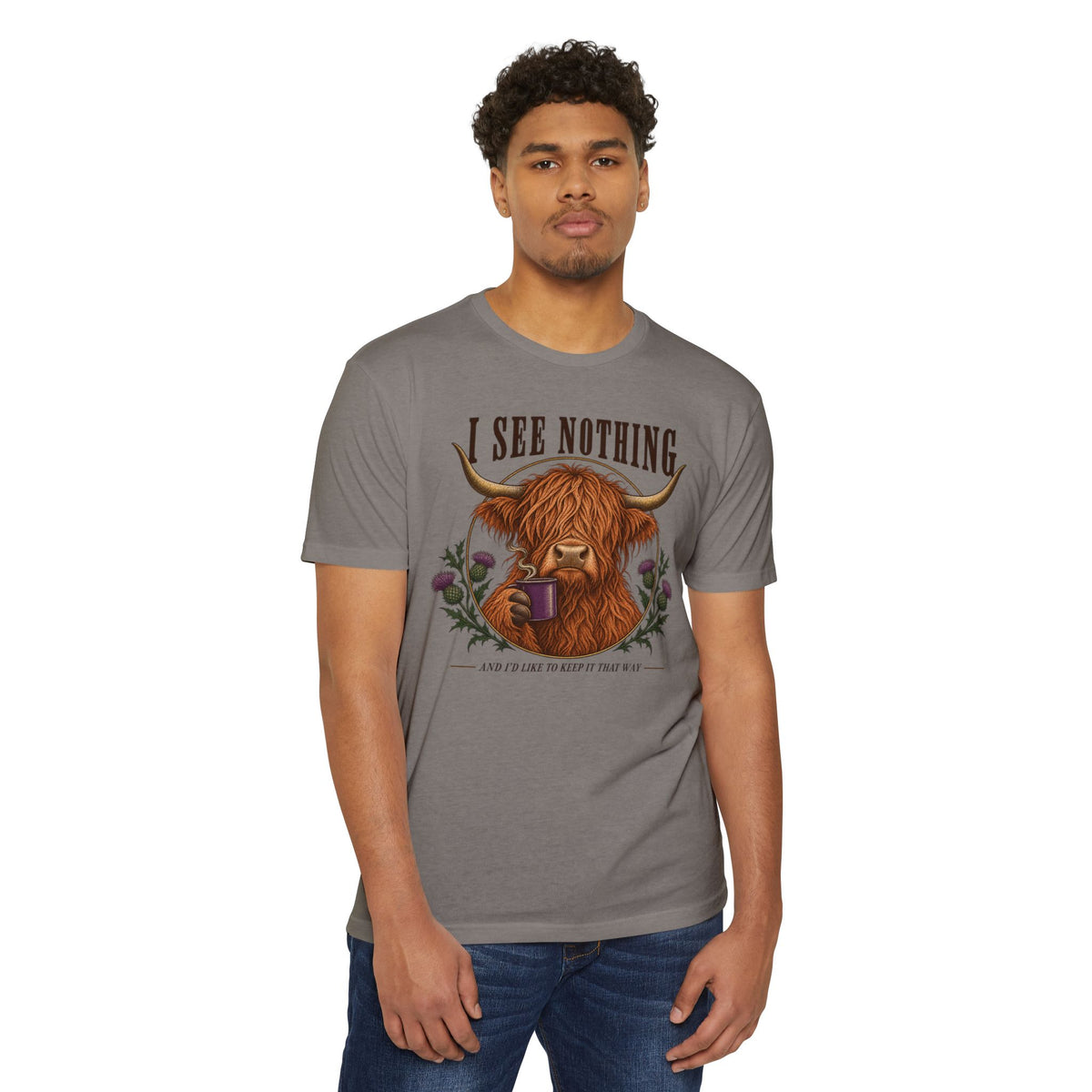 Heather gray t-shirt with Highland cow graphic and funny text on the chest