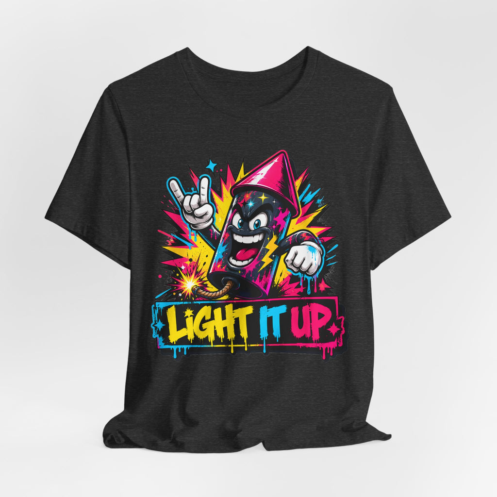Black T-shirt with colorful character graphic and 'LIGHT IT UP!' text front