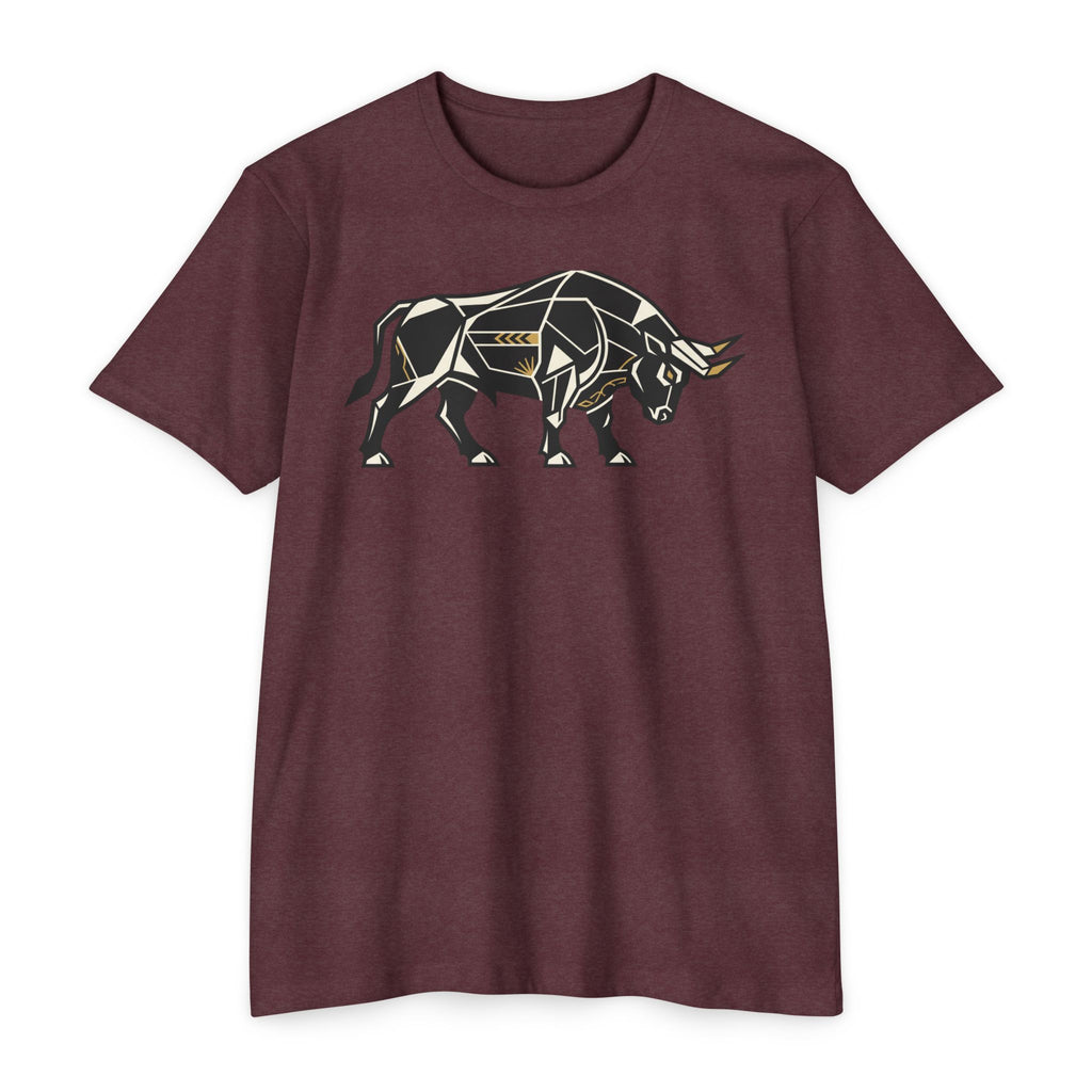 Bull graphic T-shirt, dark maroon, geometric charging bull illustration on front