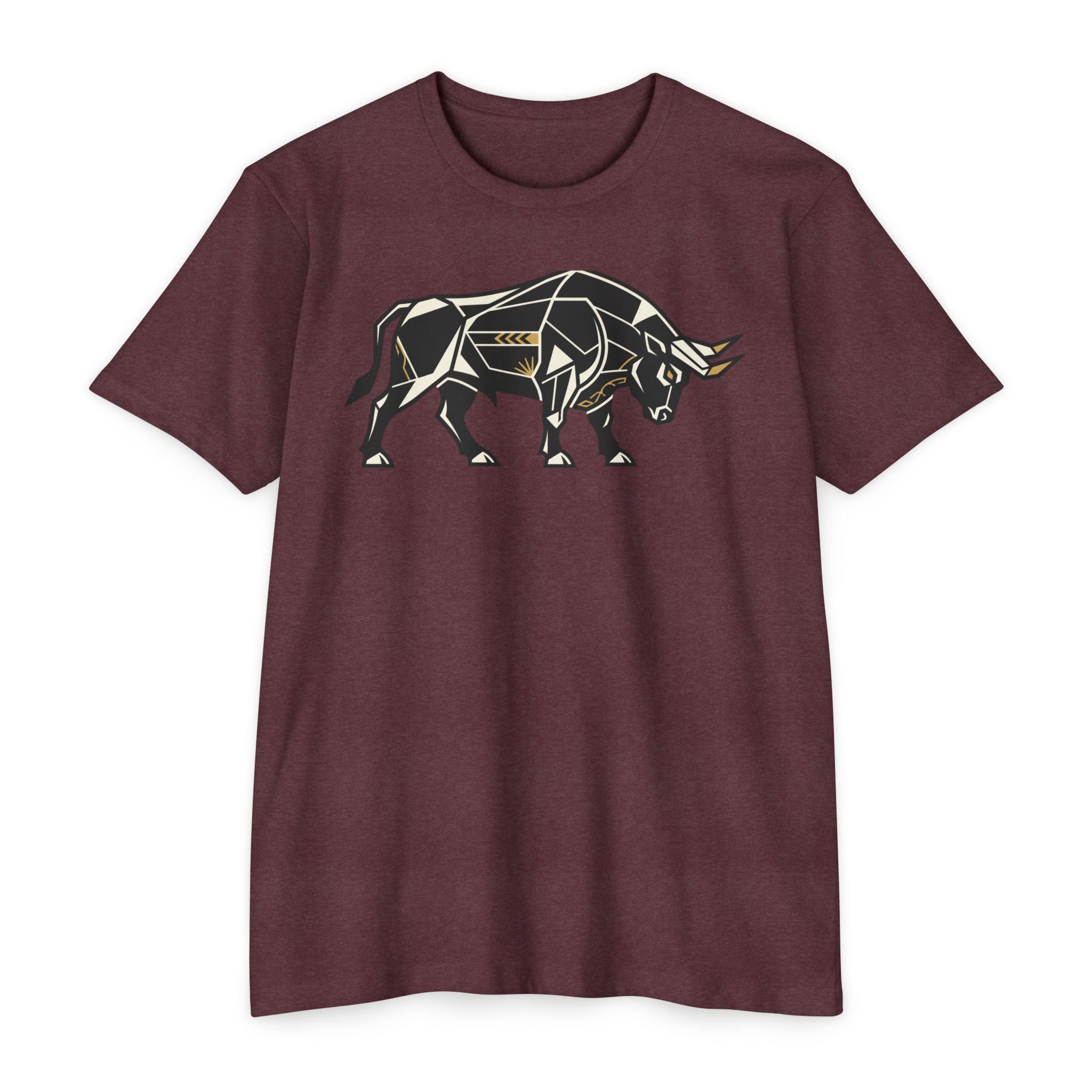 Bull graphic T-shirt, dark maroon, geometric charging bull illustration on front