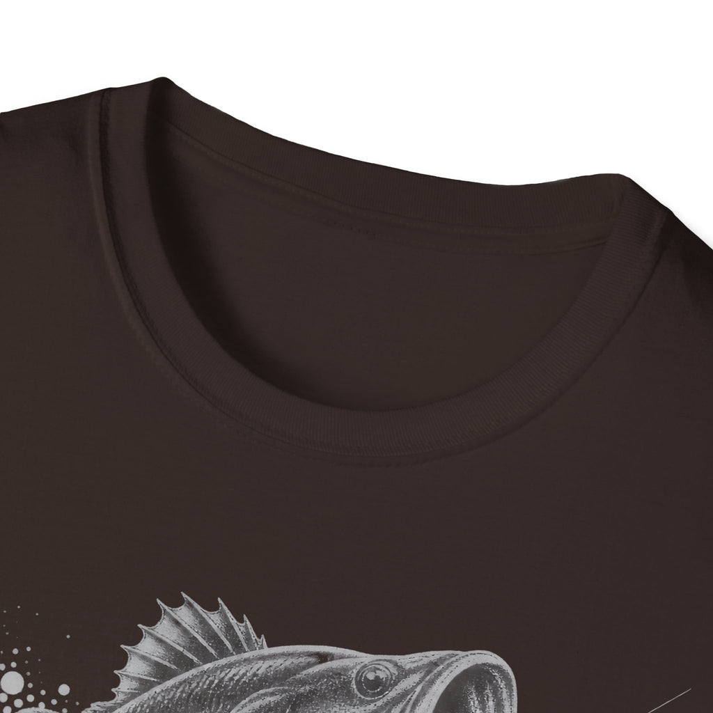 Dark brown crew-neck T-shirt with fish graphic detail near the chest