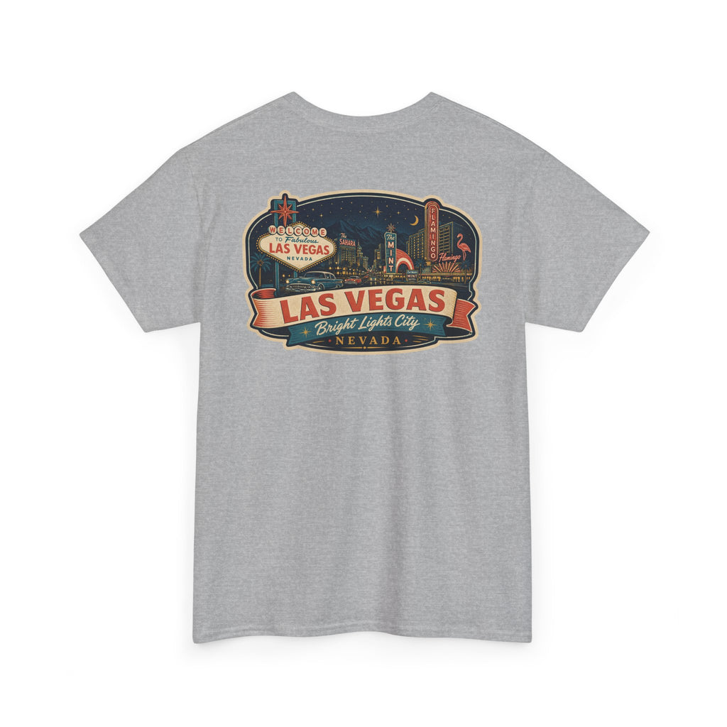 Grey T-shirt with Las Vegas luggage tag skyline badge graphic on the chest