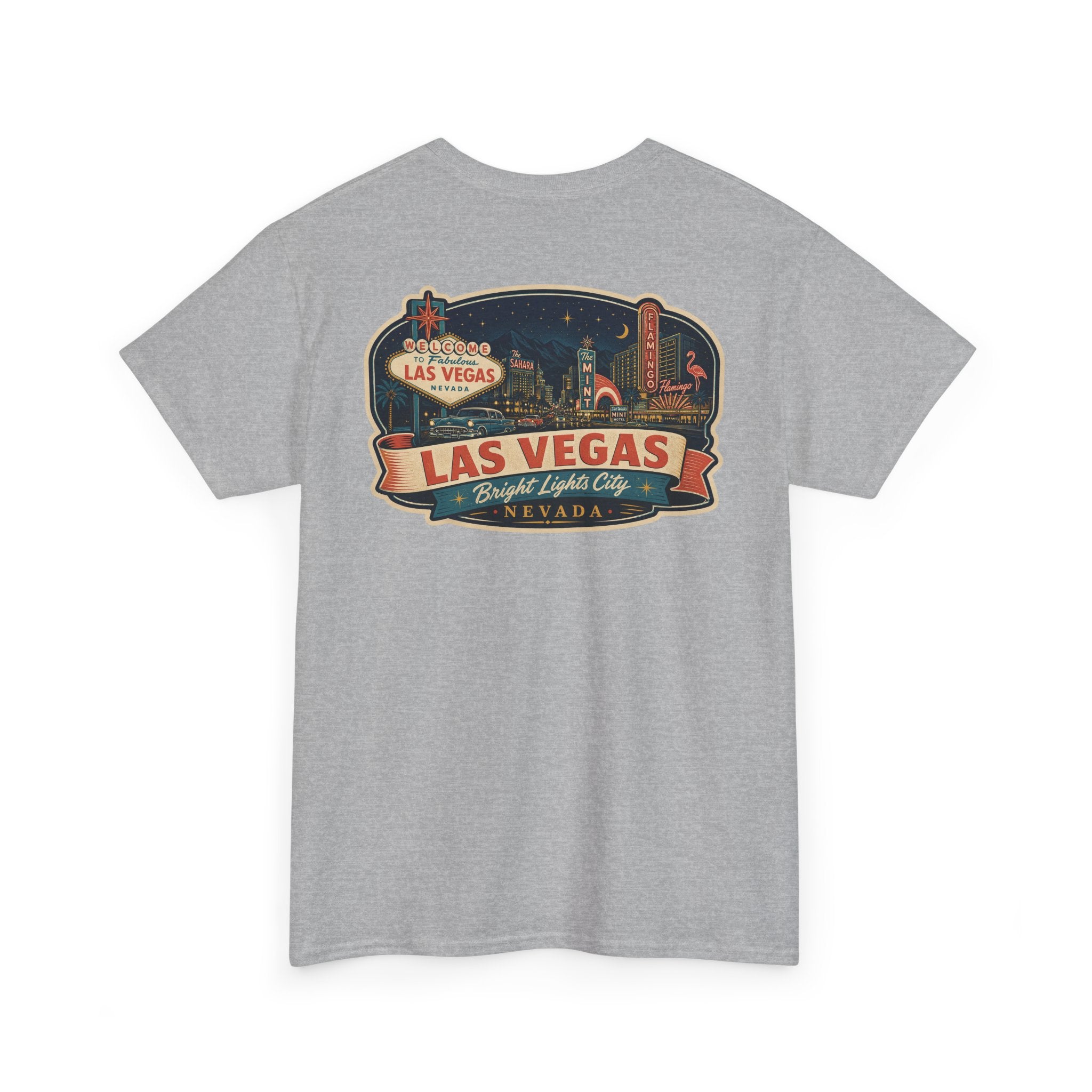 Grey T-shirt with Las Vegas luggage tag skyline badge graphic on the chest