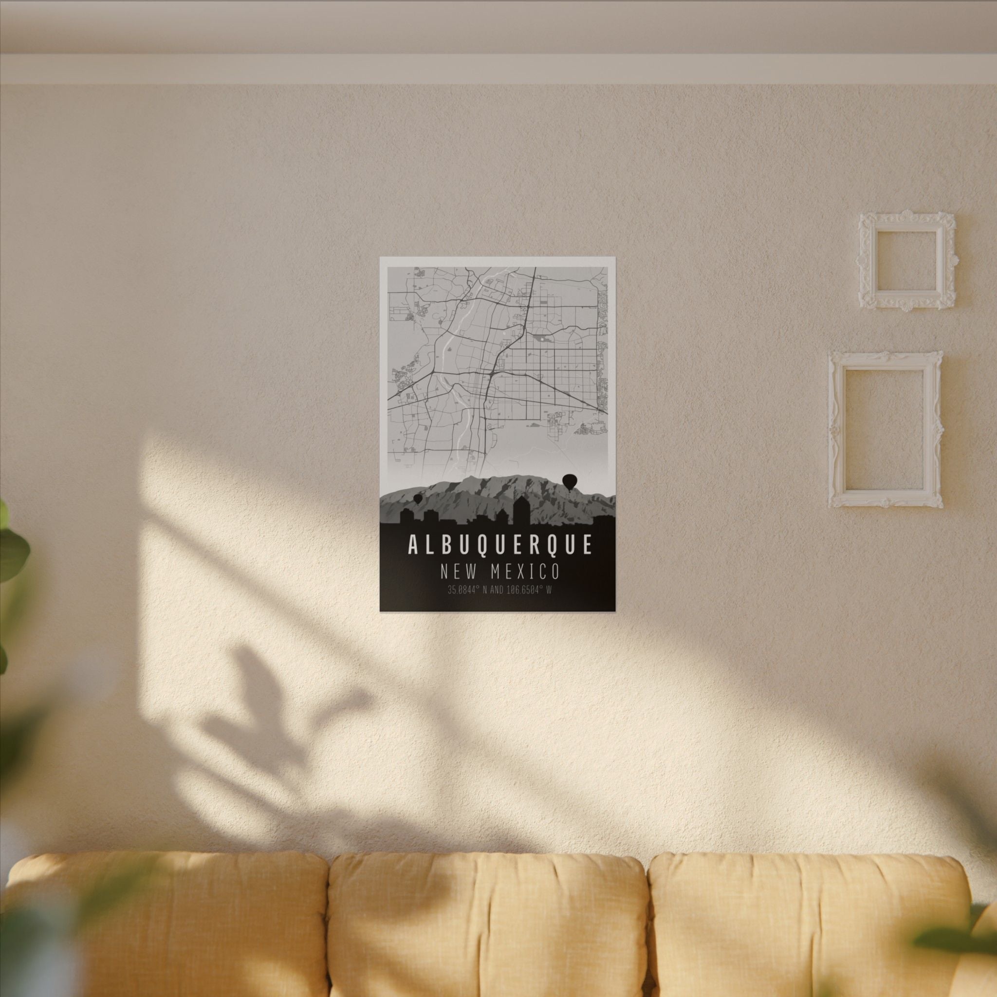 Albuquerque New Mexico map canvas artwork with skyline silhouette and latitude/longitude