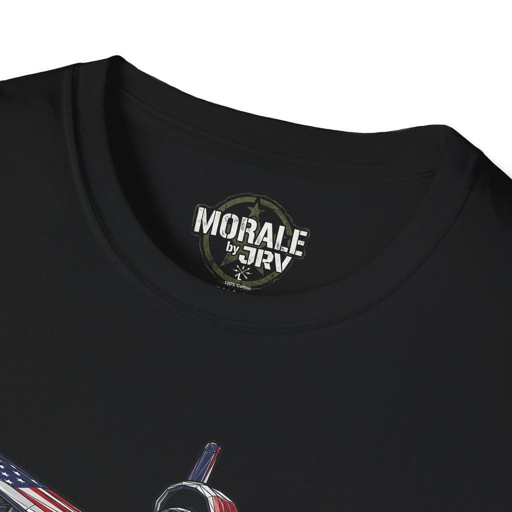 Black T-shirt neckline with “MORALE by TRK” label