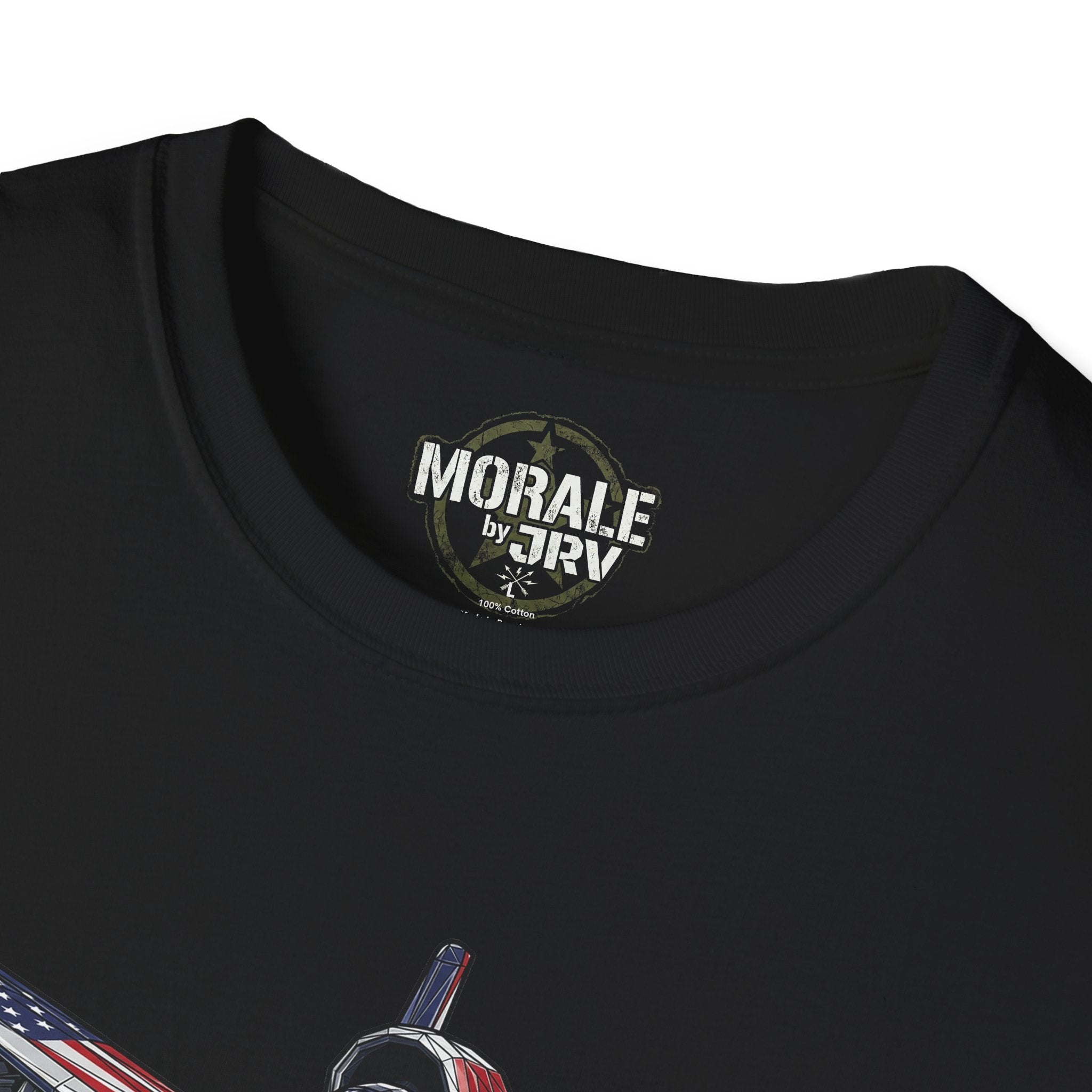 Black T-shirt neckline with “MORALE by TRK” label