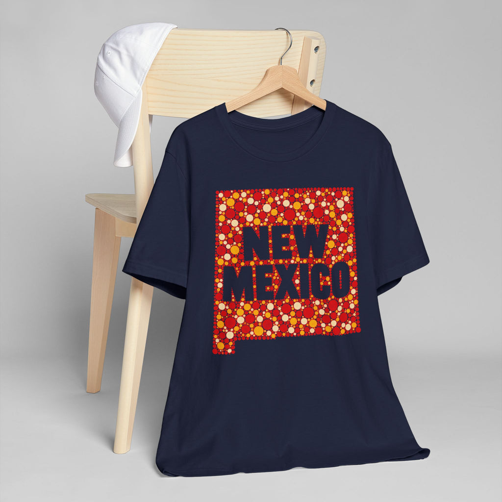 Navy crew-neck T-shirt with colorful New Mexico square graphic