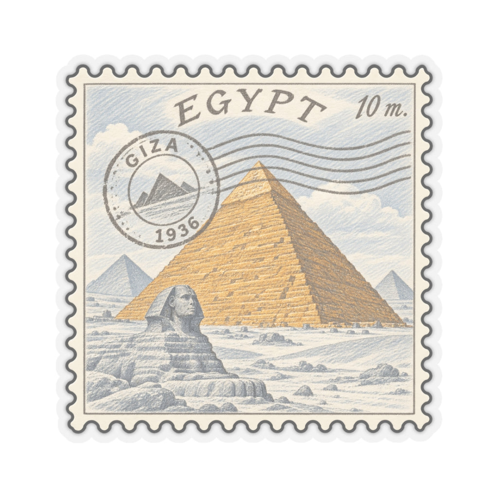 Square Egypt stamp sticker with pyramid and sphinx illustration, '10 m' at top right