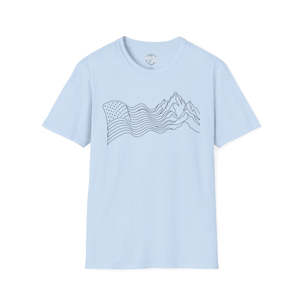 Light blue T-shirt with minimalist mountain wave line art on the front