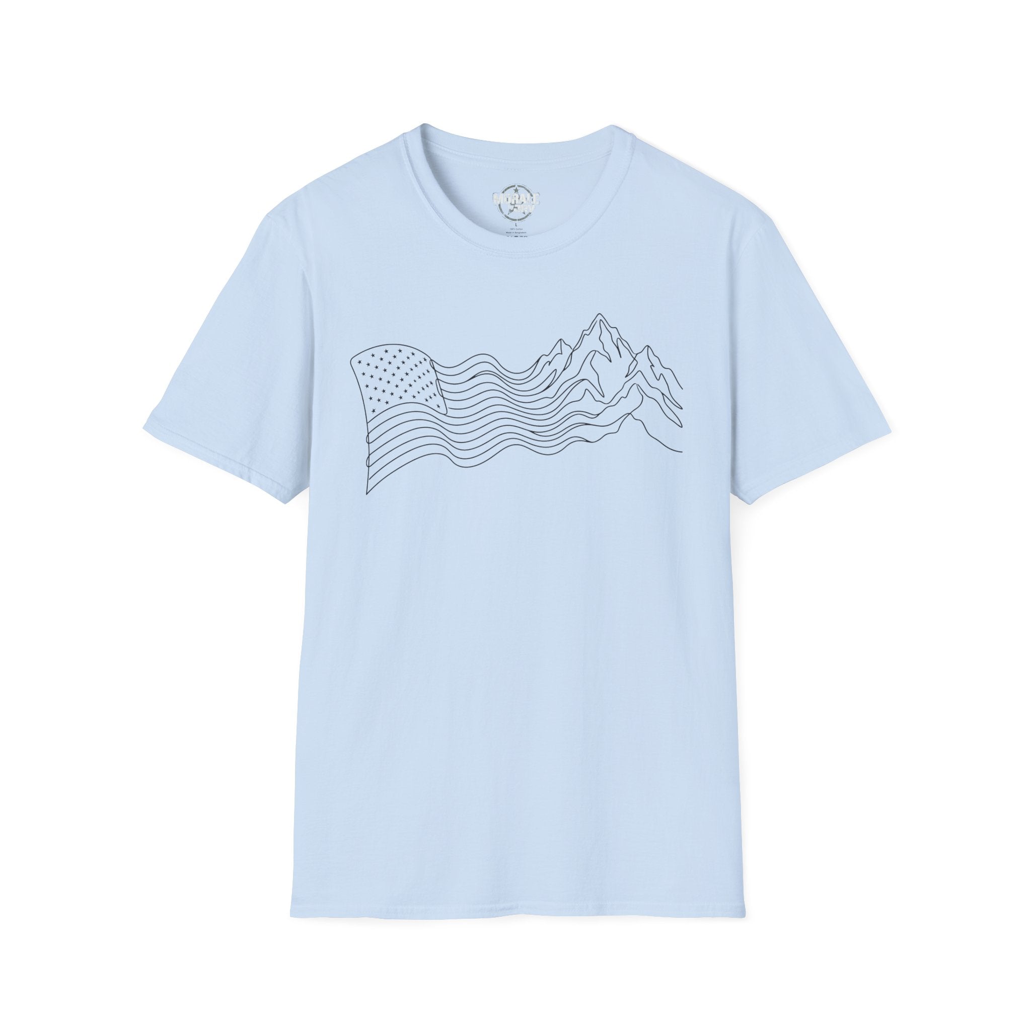 Light blue T-shirt with minimalist mountain wave line art on the front