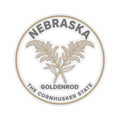 Circular transparent vinyl sticker with Nebraska goldenrod botanical emblem