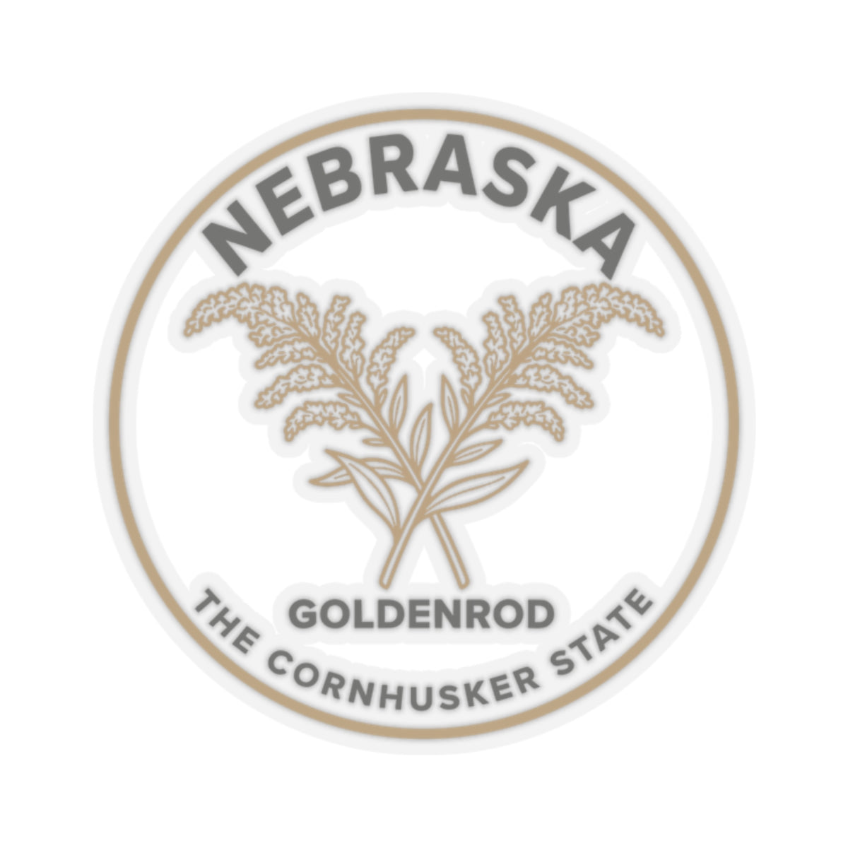 Circular transparent vinyl sticker with Nebraska goldenrod botanical emblem