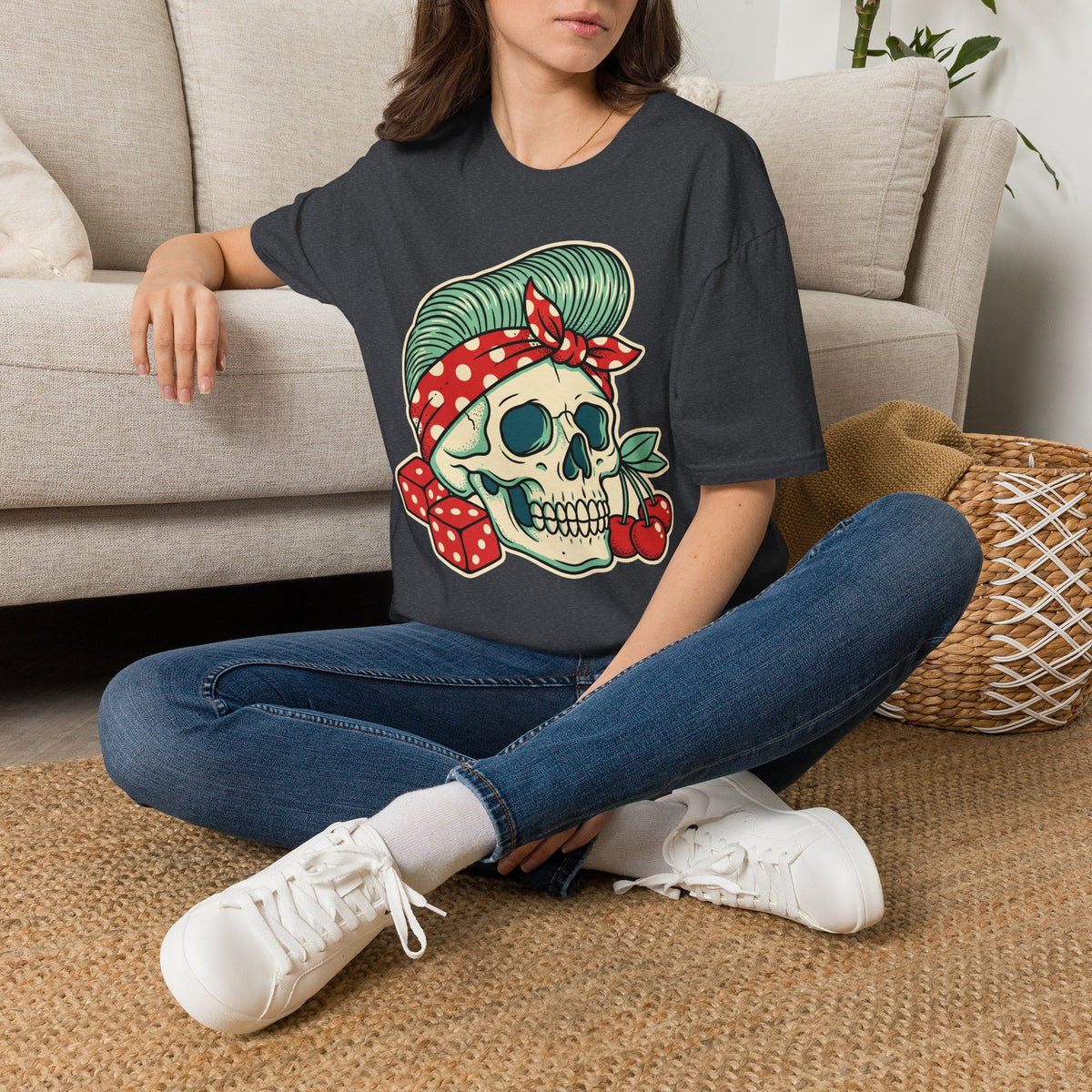 Dark gray skull bandana graphic t-shirt with colorful cherries and dice print, crew neck