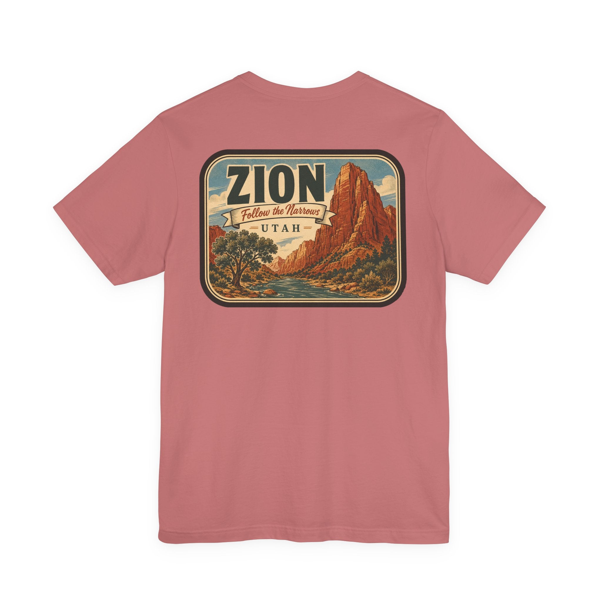 Mauve T-shirt with rectangular Zion desert landscape graphic on front
