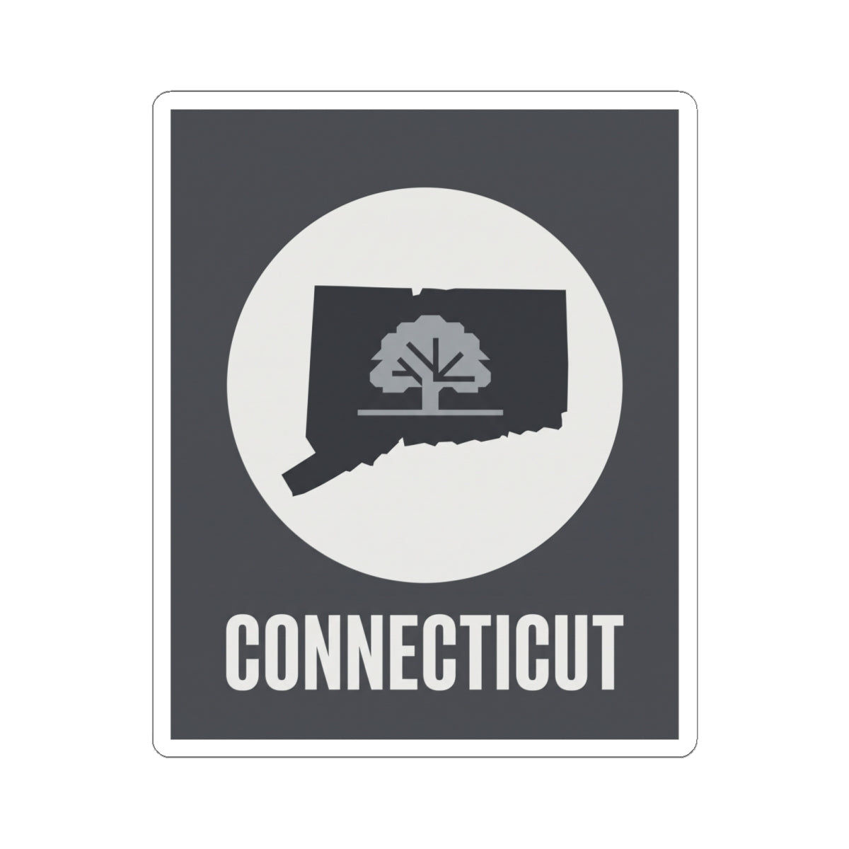 Connecticut tree silhouette kiss-cut sticker featuring white circle and CONNECTICUT lettering