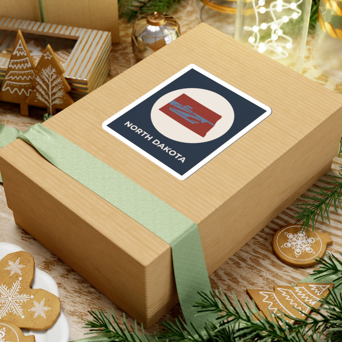 North Dakota map sticker on a wrapped present, navy square with red state icon and text