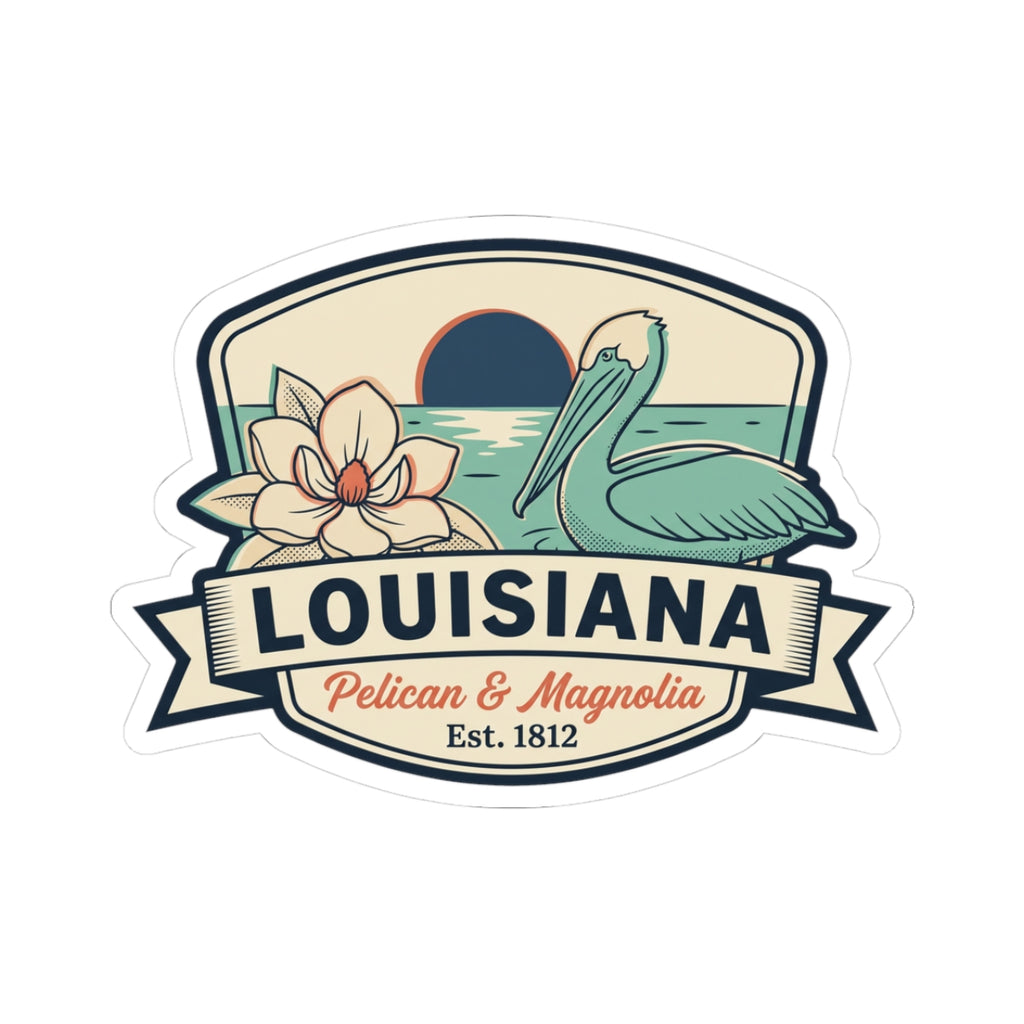 Louisiana pelican and magnolia sticker decal, vintage state badge design with ribbon text.