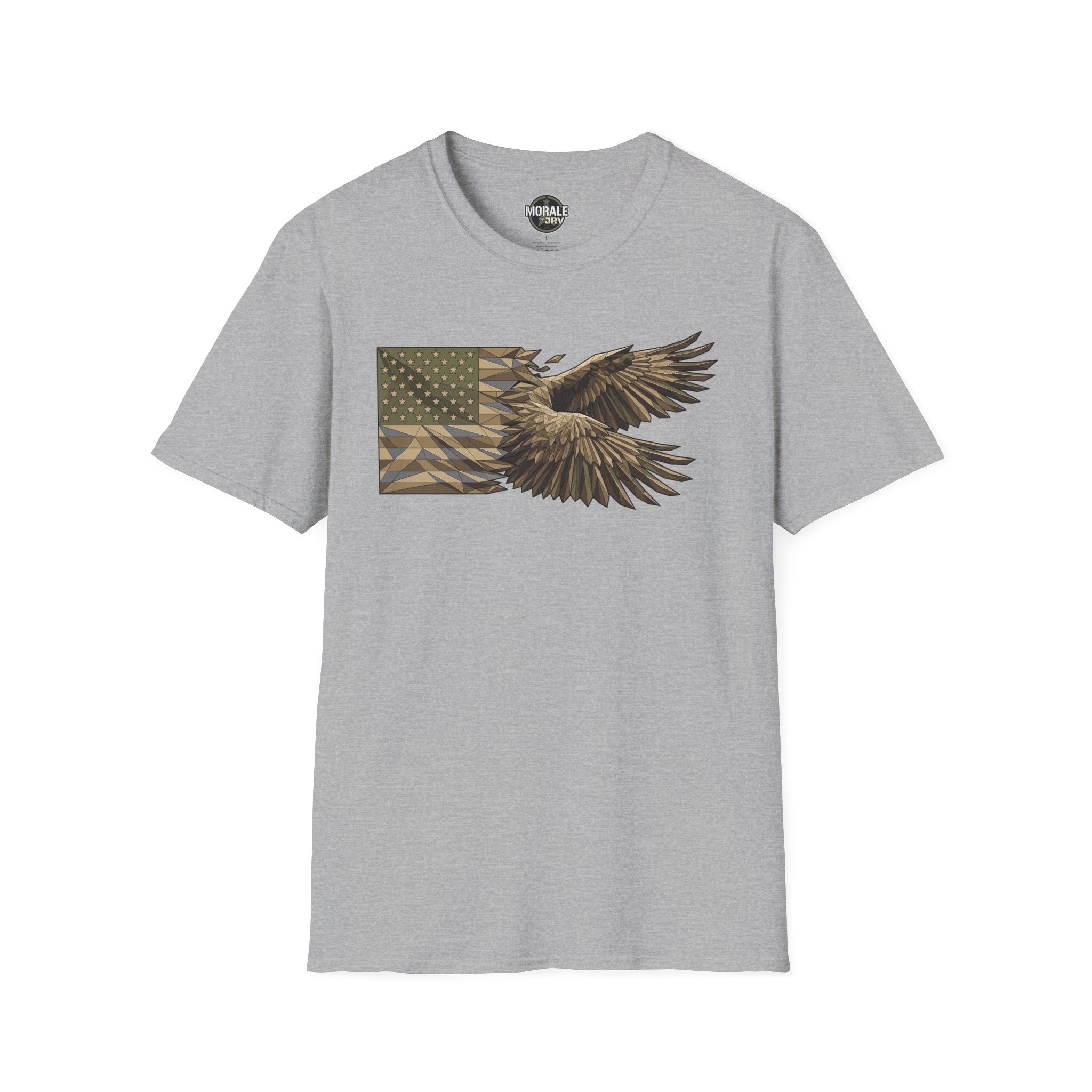 Patriotic camouflage T-shirt in light heather gray with soaring bald eagle and flag graphic
