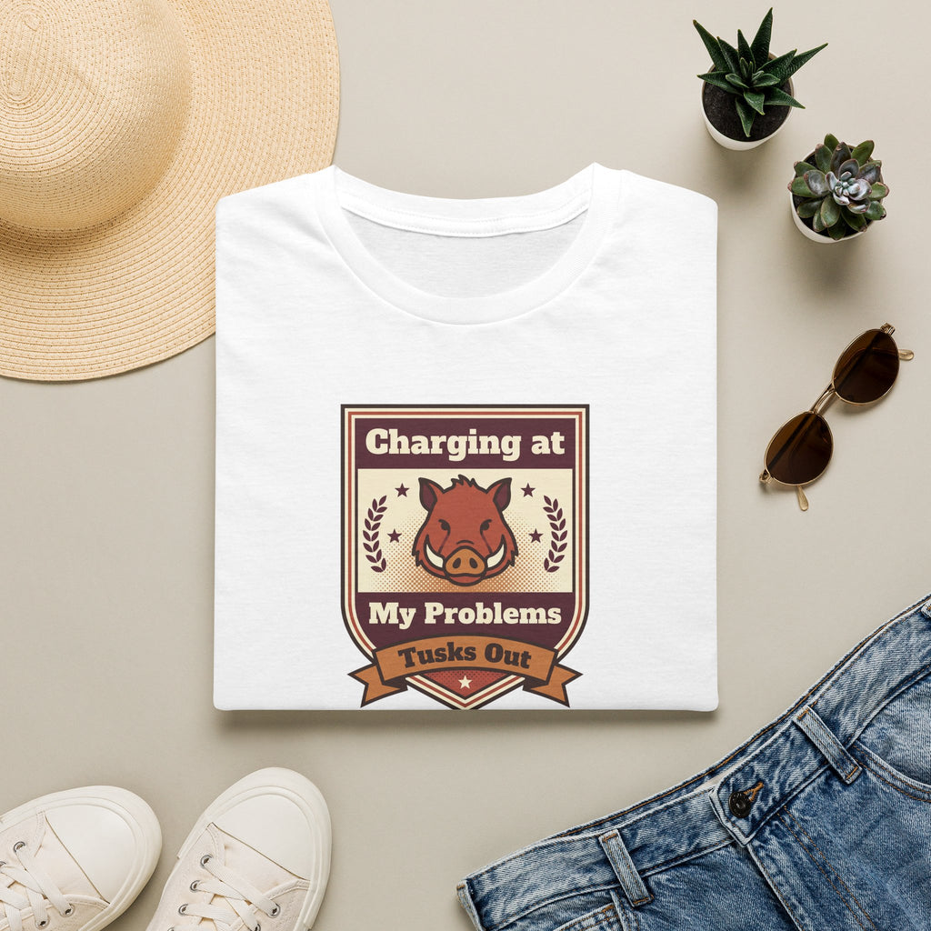 White crew-neck T-shirt with charging wild boar crest graphic