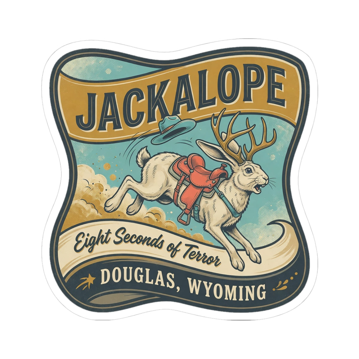 Kiss-cut Jackalope sticker with hunter-themed graphic and text in a dark border