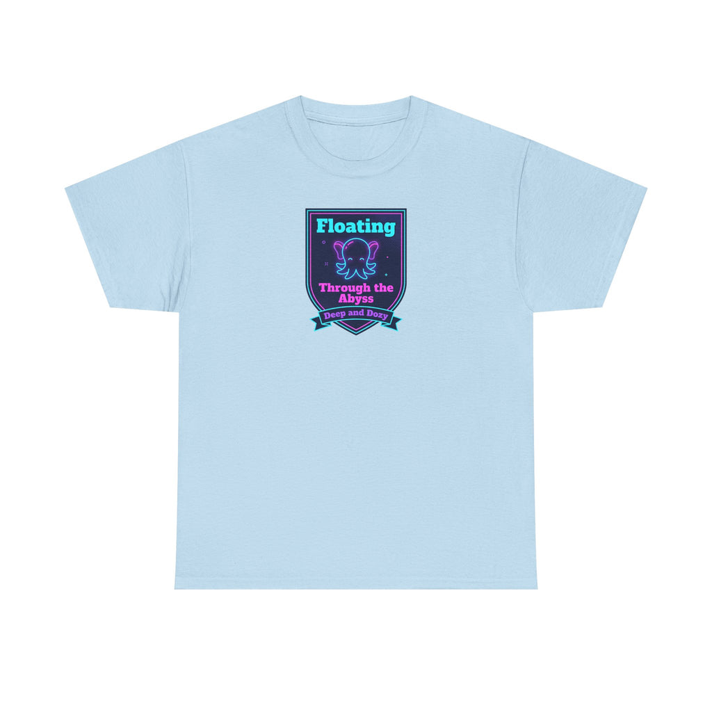 Light blue crewneck T-shirt with centered neon octopus graphic patch