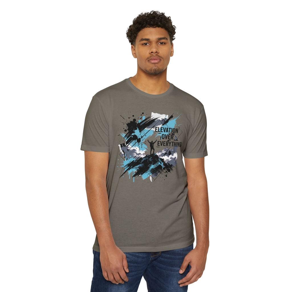 Gray unisex graphic T-shirt with mountain silhouette and colorful splatter text print