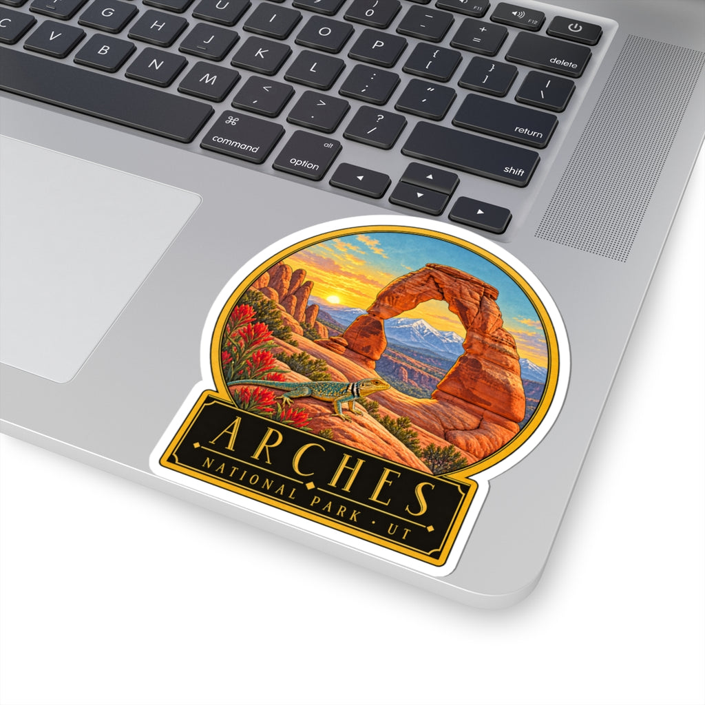 Angled round kiss-cut vinyl sticker: Arches arch, green lizard, and “UT” text plate.