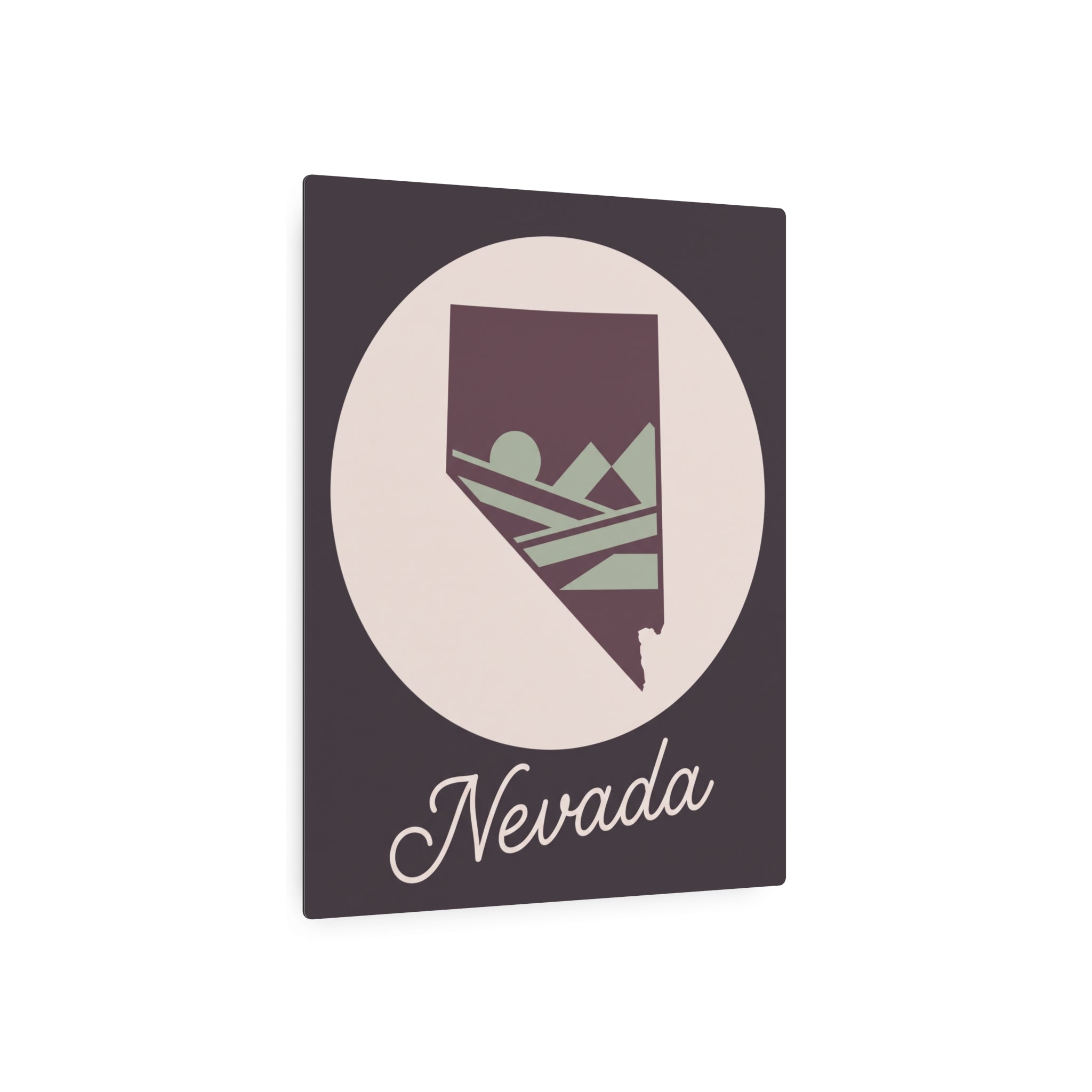 Nevada state metal wall art sign with circular frame, mauve silhouette and Nevada cursive