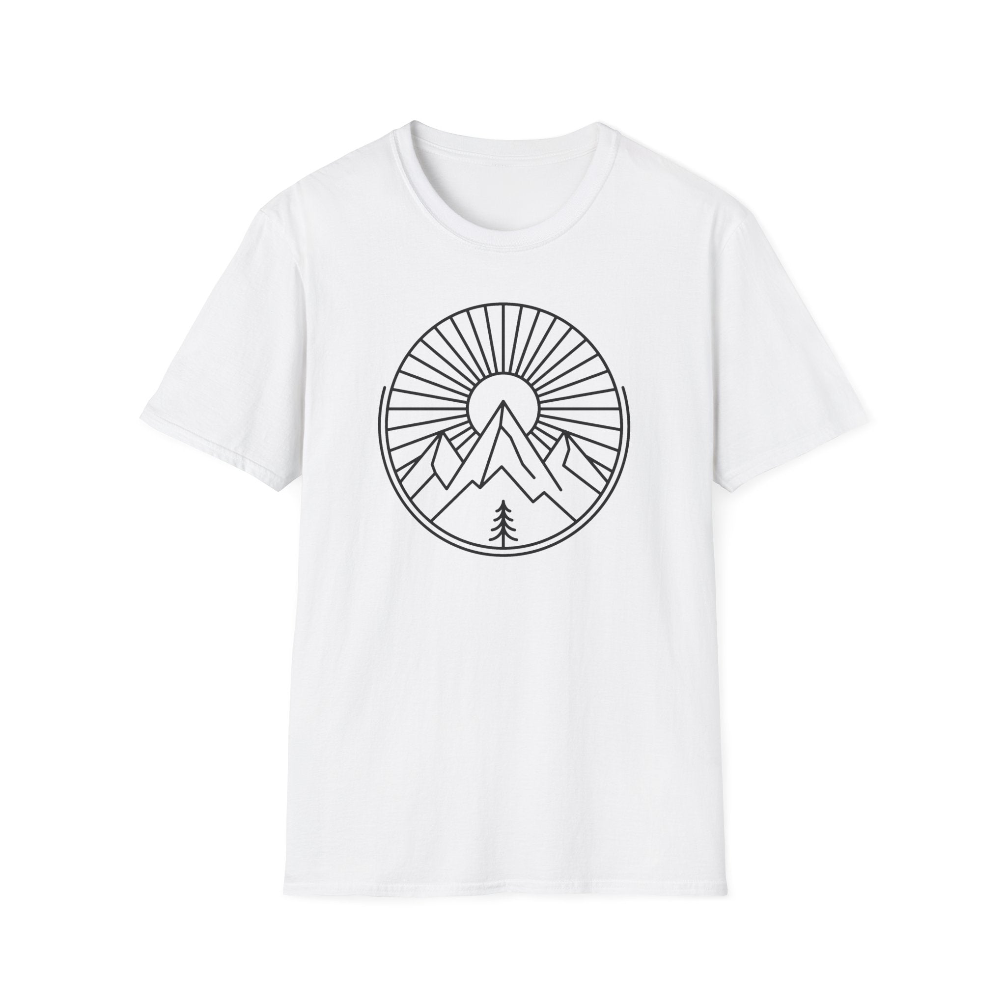 White unisex t-shirt with circular mountain badge and rays graphic on the chest