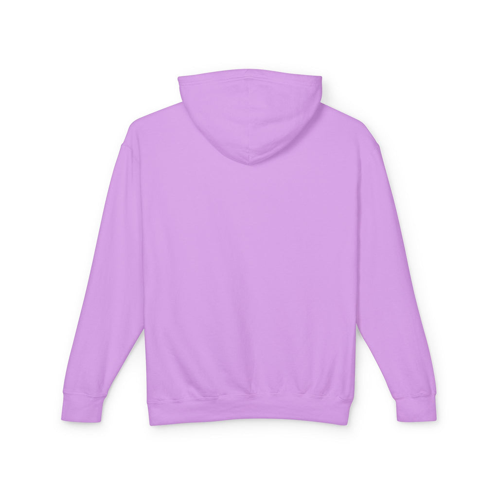 Lavender pullover hoodie with hood and kangaroo pocket, plain back view