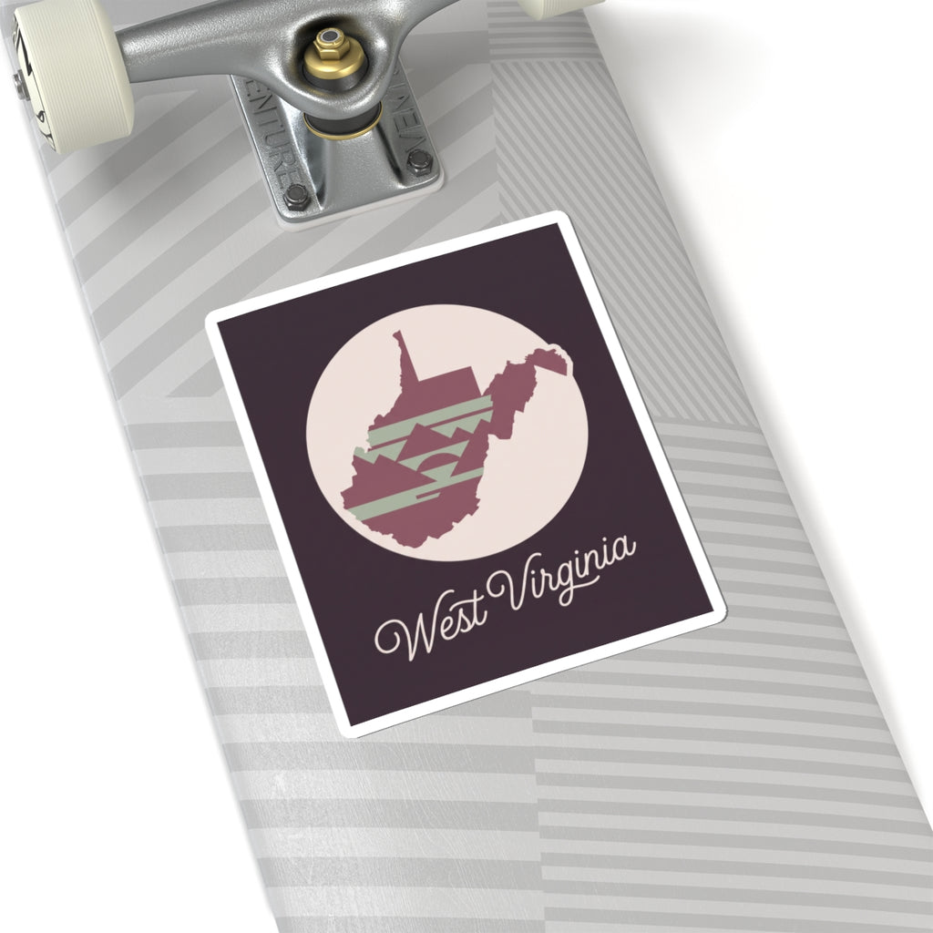 Purple square West Virginia sticker with circular map silhouette and “West Virginia” script text.