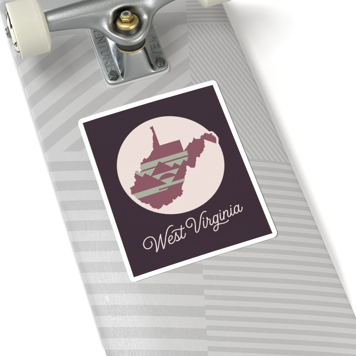 Purple square West Virginia sticker with circular map silhouette and “West Virginia” script text.