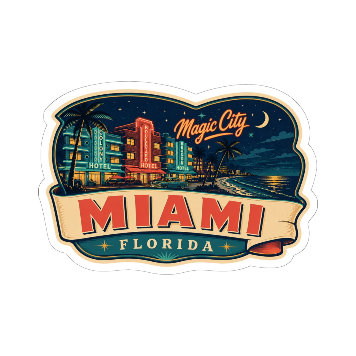 Miami Florida luggage tag sticker with cutout border, colorful buildings, and palm trees