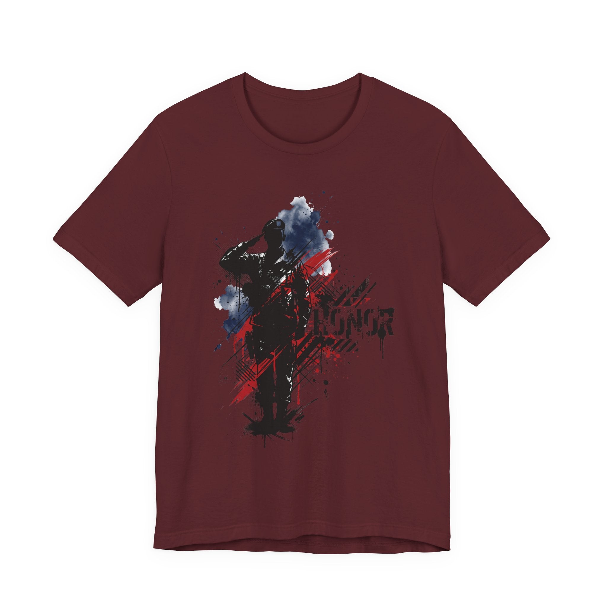Maroon T-shirt with black, blue, and red soldier silhouette graphic and paint-splatter print