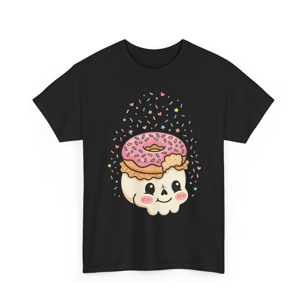 Black T-shirt with cute donut skull graphic and sprinkles above it.