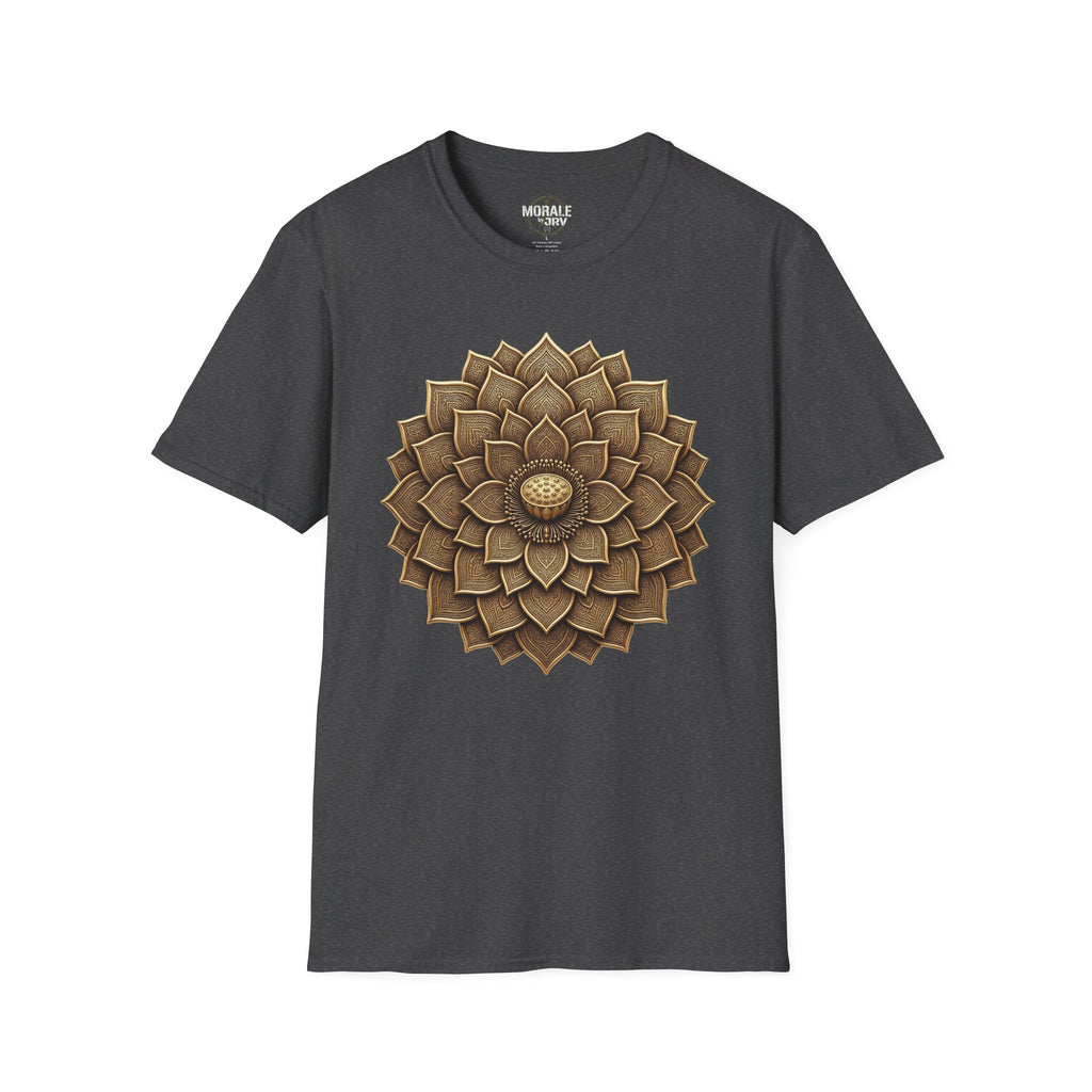 Dark heather T-shirt with bronze geometric flower mandala sunburst front graphic