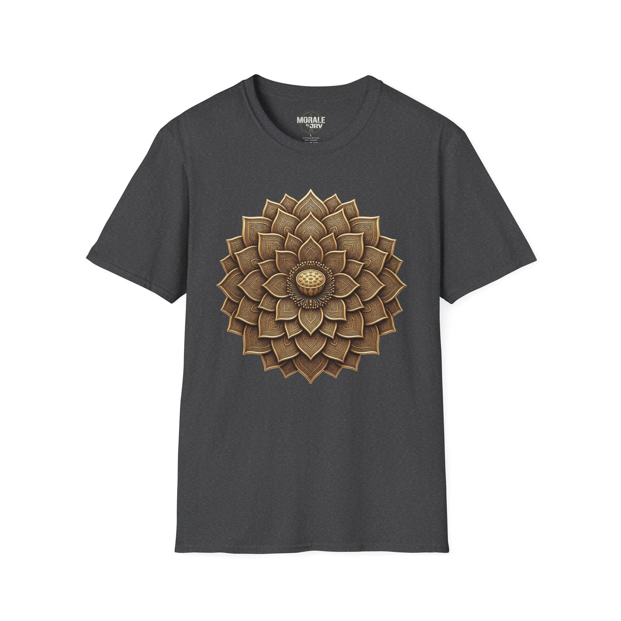 Dark heather T-shirt with bronze geometric flower mandala sunburst front graphic