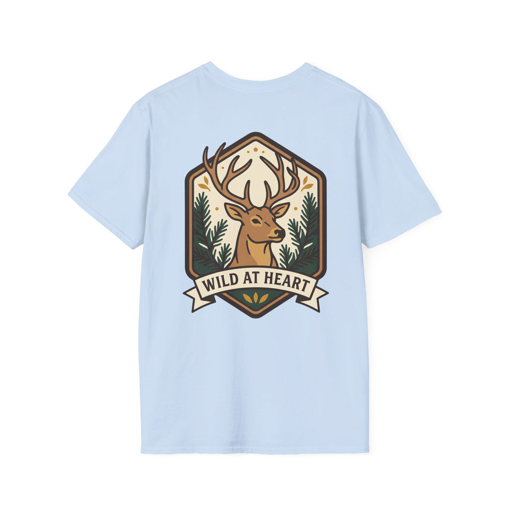 Light blue deer graphic T-shirt with badge stag antlers and Wild at Heart text