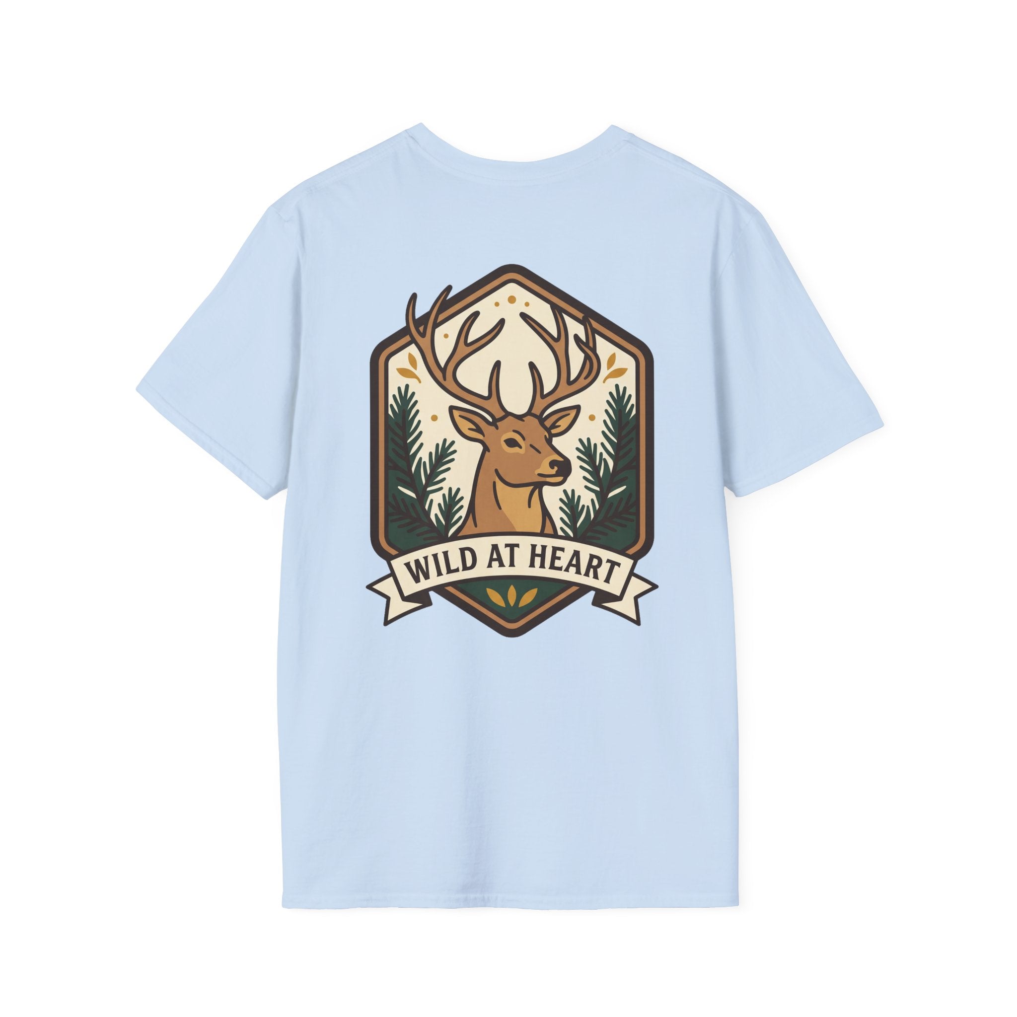 Light blue deer graphic T-shirt with badge stag antlers and Wild at Heart text