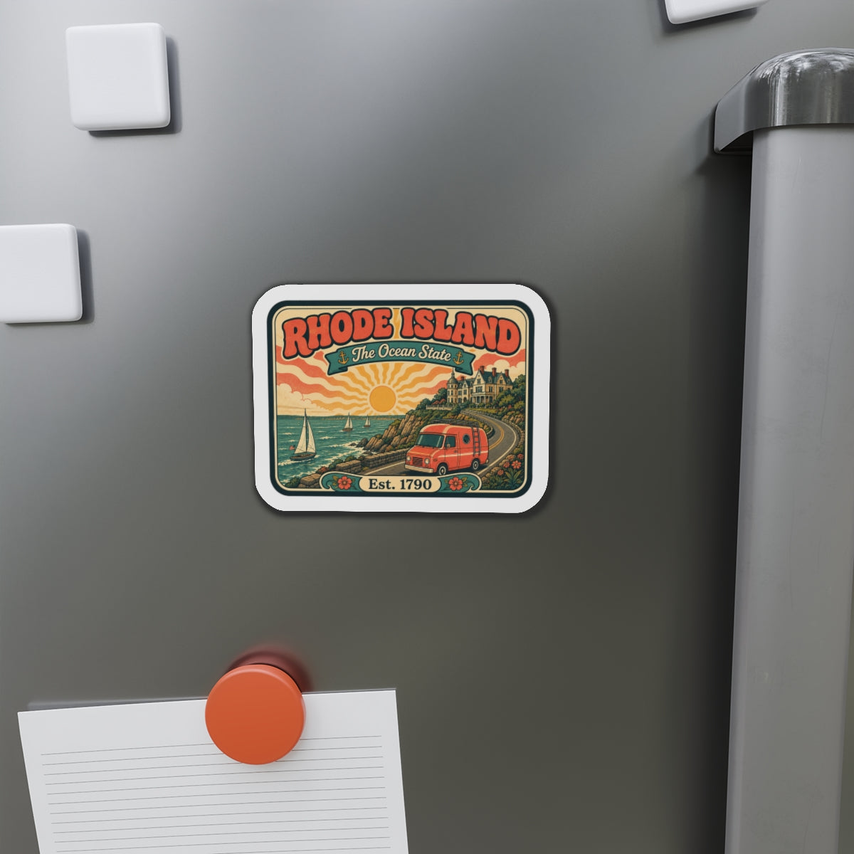 Die-cut Rhode Island magnet on stainless refrigerator with red van and Est. 1790.