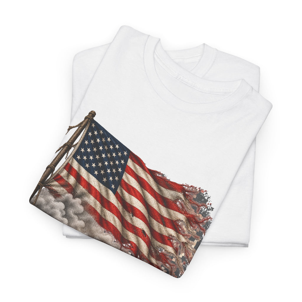 White crew-neck T-shirt with weathered American flag graphic