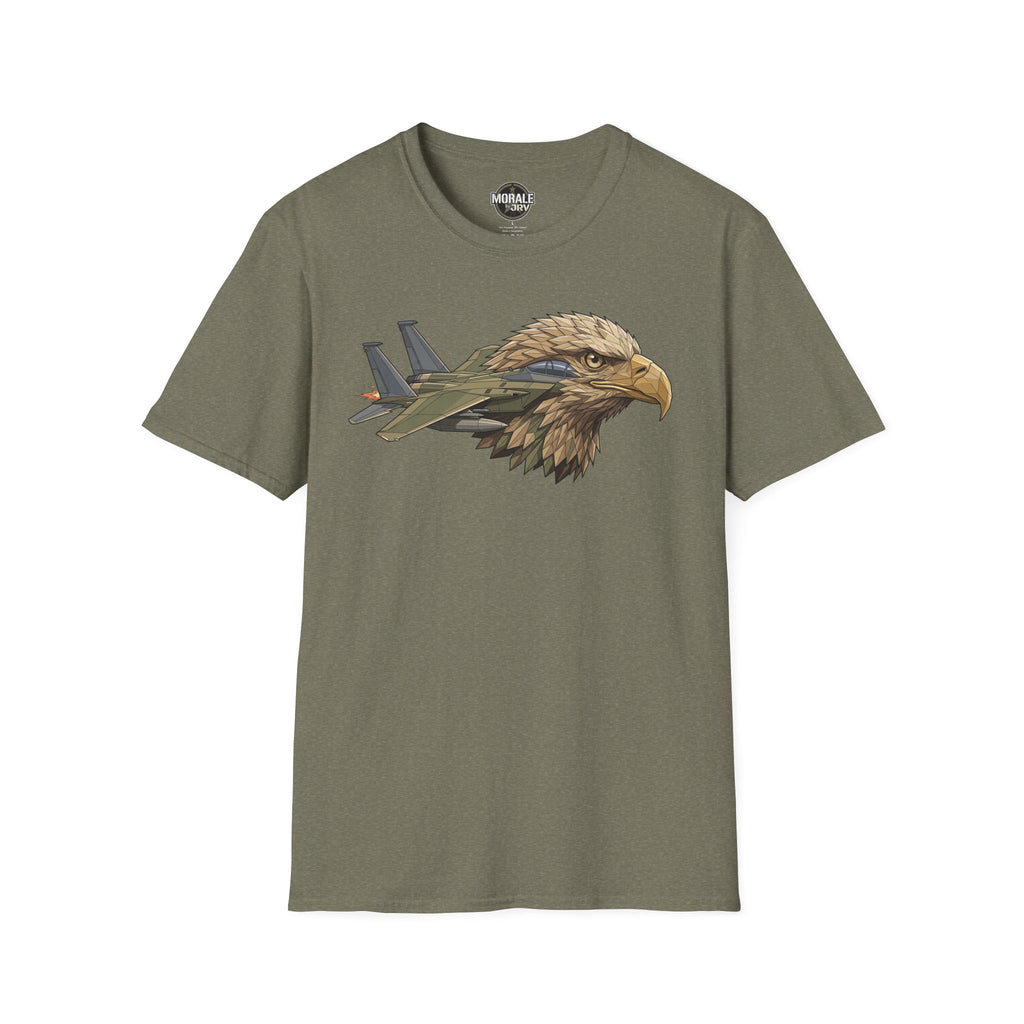 Olive t-shirt with eagle head and fighter jets graphic on the chest