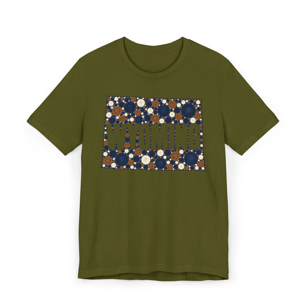 Olive green crew-neck T-shirt with Wyoming polka-dot map graphic and WYOMING text