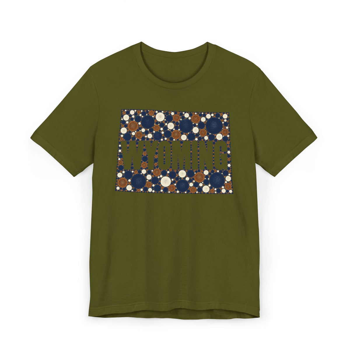 Olive green crew-neck T-shirt with Wyoming polka-dot map graphic and WYOMING text