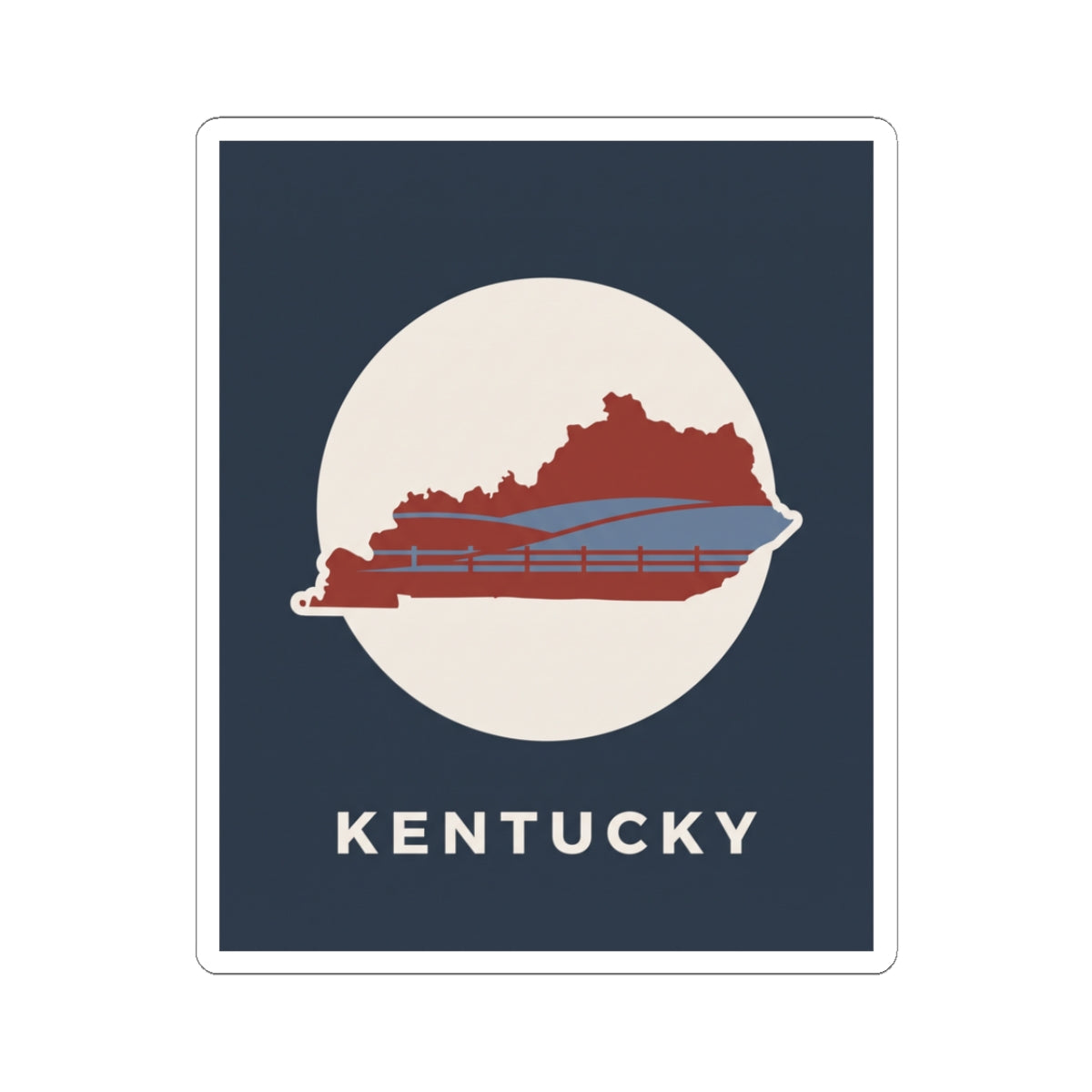 Kentucky travel decal sticker: navy square with white circle, red state and bridge, KENTUCKY