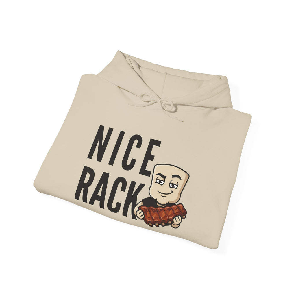 Beige hoodie with hood and “Nice Rack” rib graphic on front